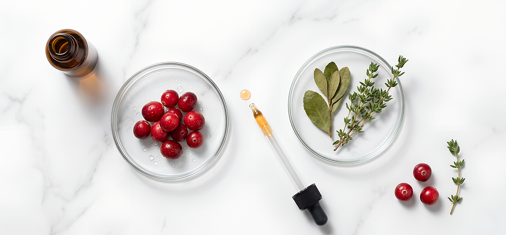 Flat lay scientifique avec cranberries thym et busserole dans des boites de Petri et flacon ambre sur surface blanche