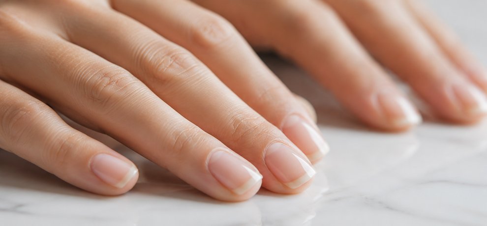 Gros plan sur des mains aux ongles naturels et sains sur fond neutre clair en lumière douce