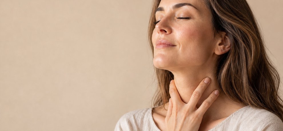 Jeune femme posant délicatement sa main sur sa gorge, évoquant un inconfort soulagé par les solutions naturelles d'aromathérapie